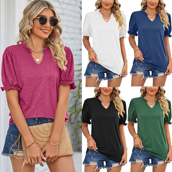 Women's Short-sleeved With Wooden Ear Solid Color Blouses