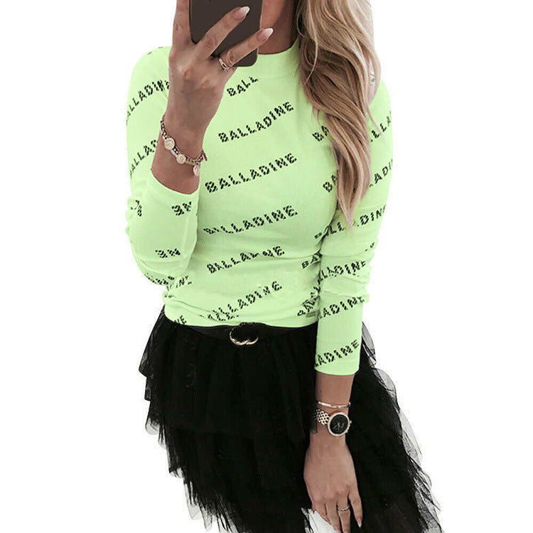 Women's Letter Print Long Sleeve Slim Elastic Blouses