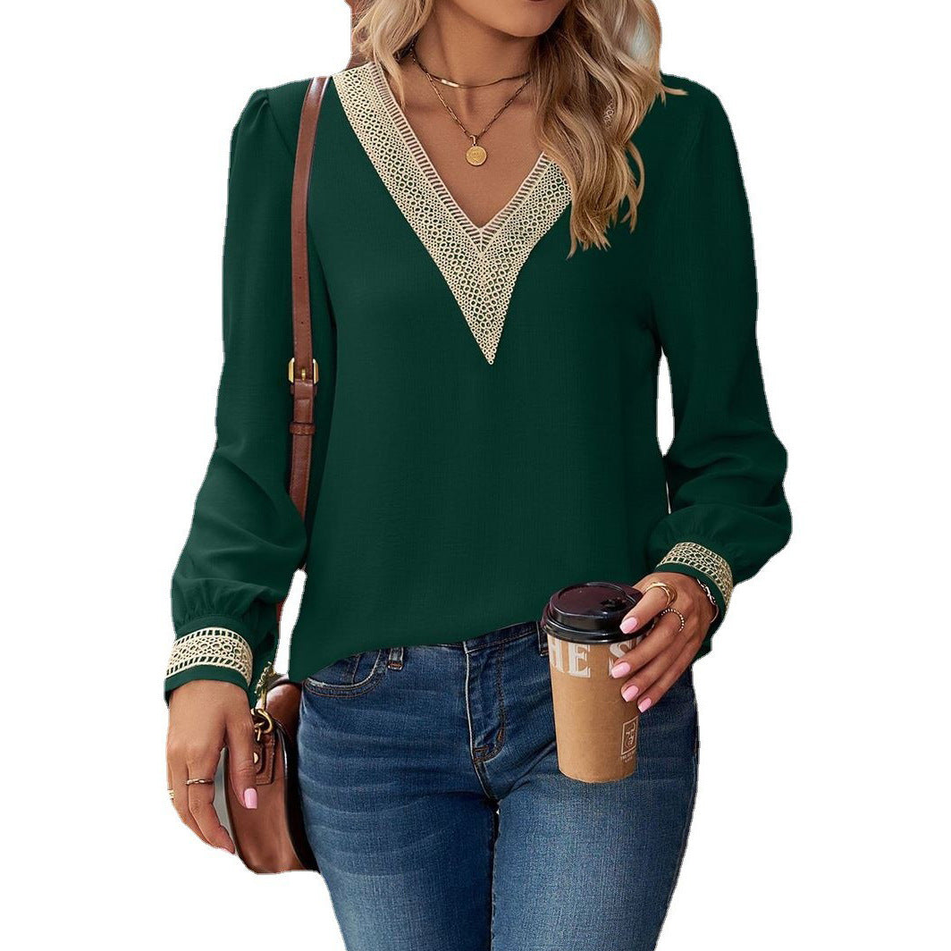 Women's Solid Color V-neck Long Sleeve Loose Ruffled Stitching Blouses