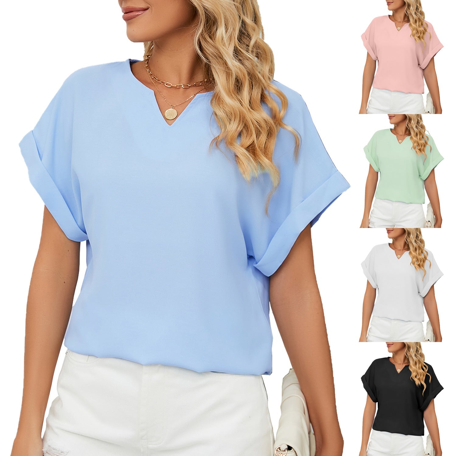 Women's Solid Color V-neck Short-sleeved Loose Blouses