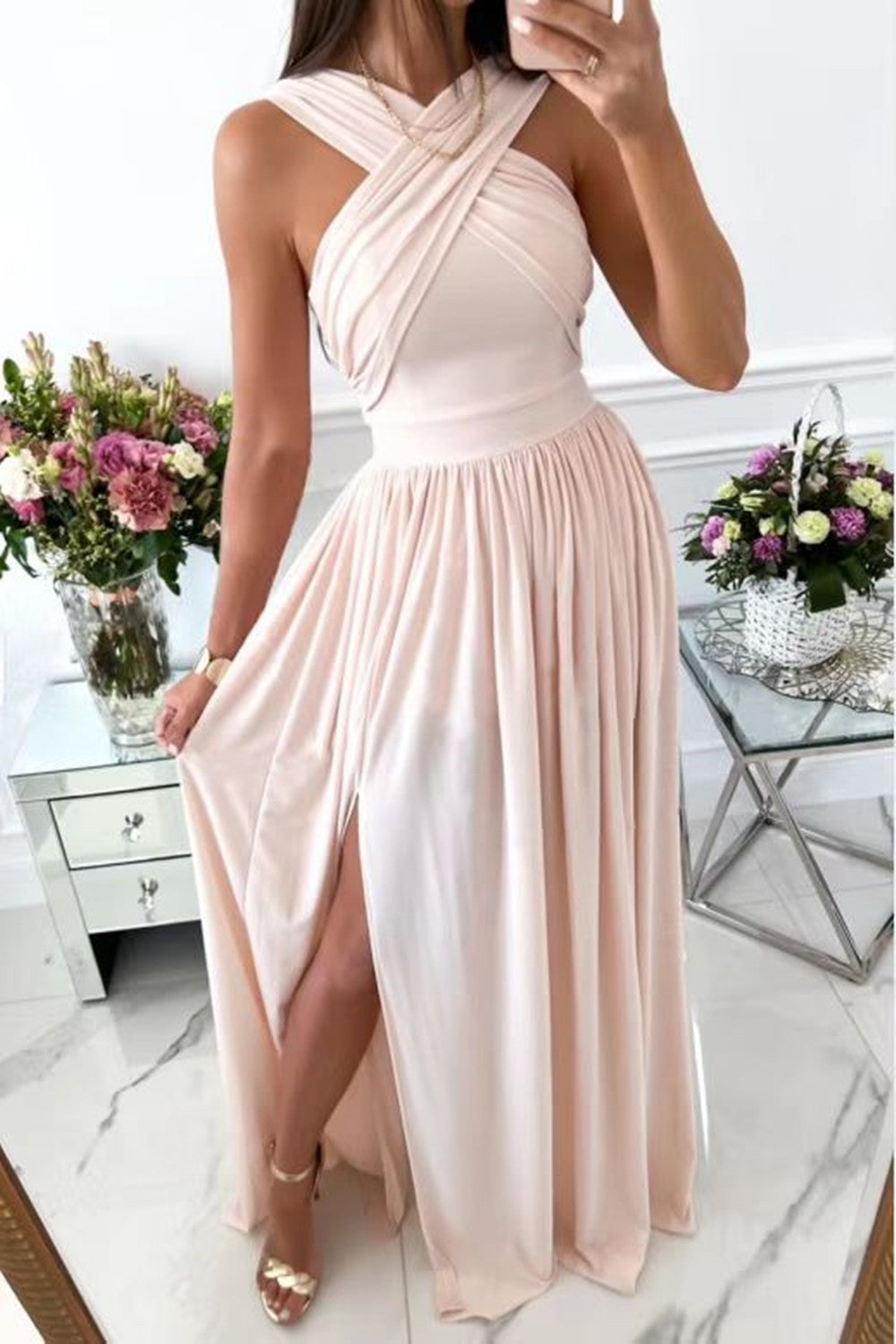 Women's Sleeveless Halter Backless Slit Hemline At Dresses