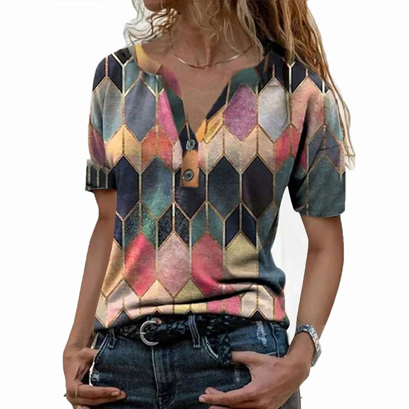 Women's Short-sleeved Printed Color V-neck T-shirt Loose Blouses