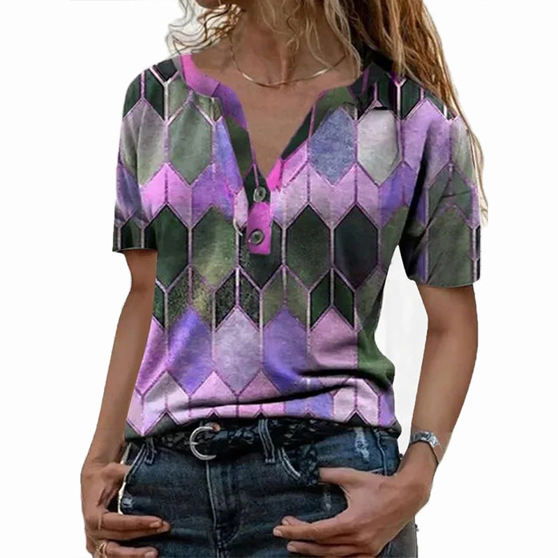 Women's Short-sleeved Printed Color V-neck T-shirt Loose Blouses