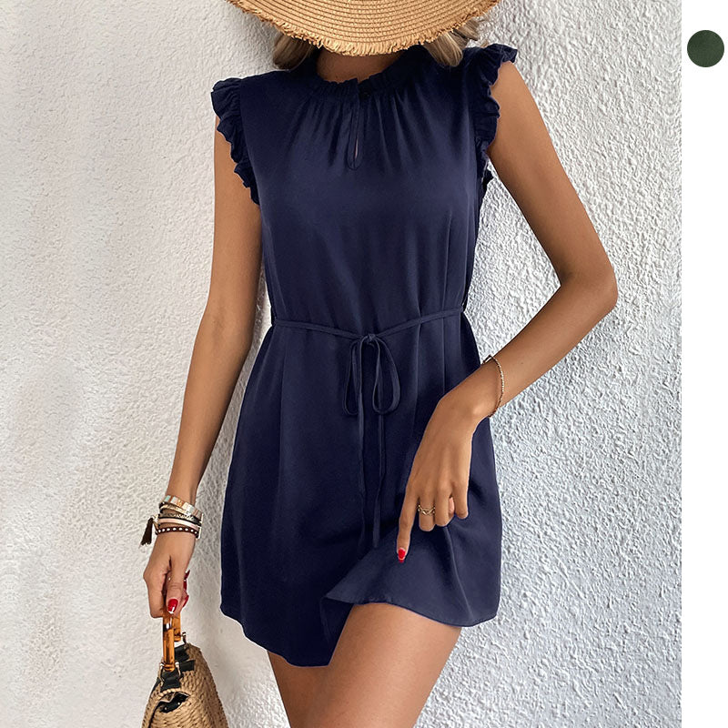 Women's Summer Flying Sleeves Pure Color Tied Dresses