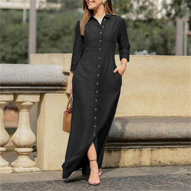 Classic Denim Collar Buttons Long Dress Dresses