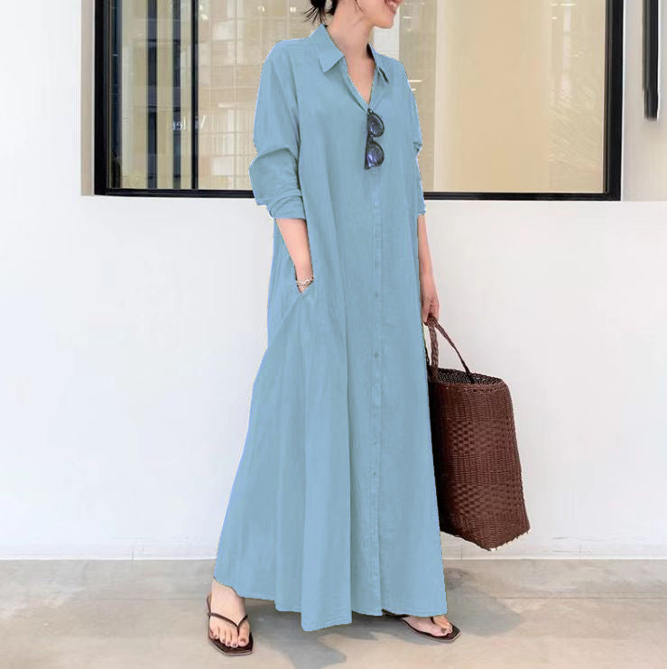 Women's Wear Solid Color Lapel Long Sleeve Pocket Simple Dresses