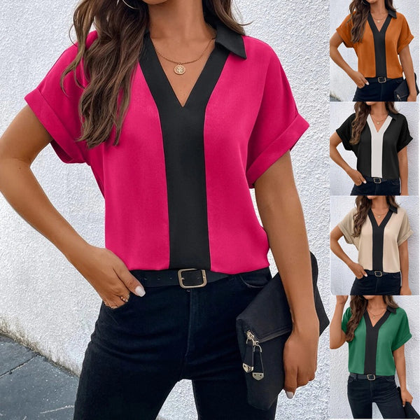 Women's Summer Contrast Color V-neck Raglan Sleeve Blouses