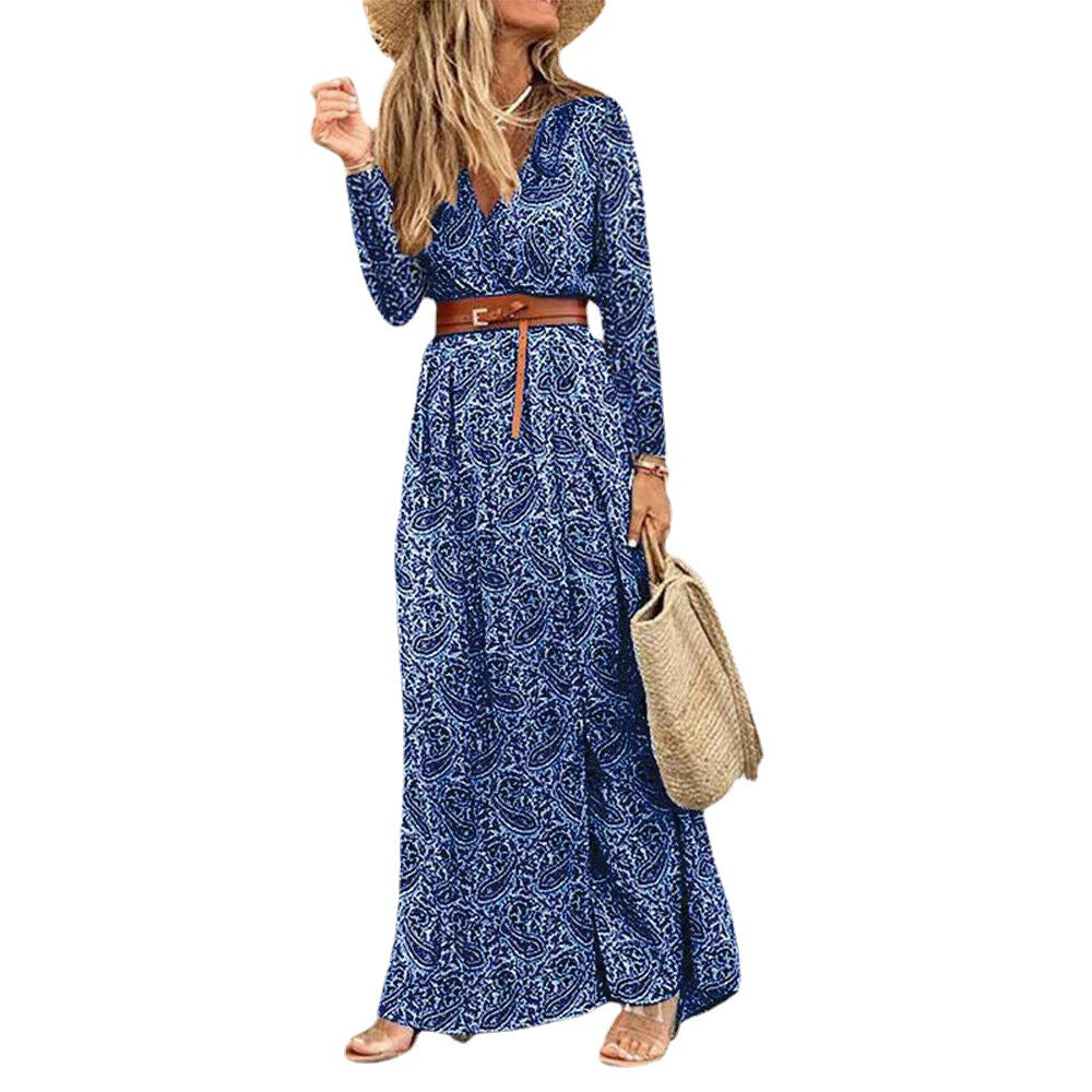 Women's Bohemian Floral Print Long Sleeve V-neck Dresses