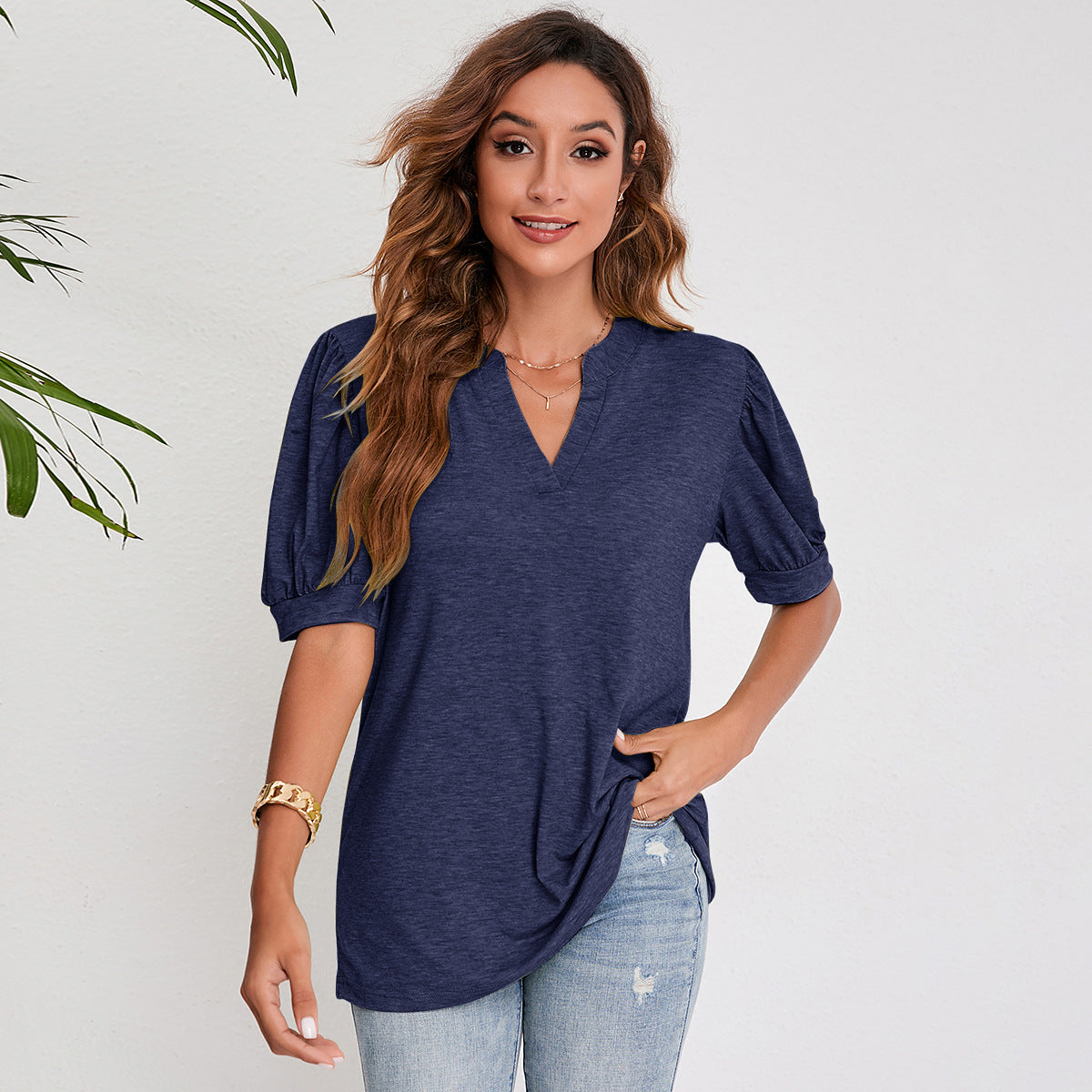 Women's Summer Casual V-neck Solid Color Puff Sleeve Loose Tops