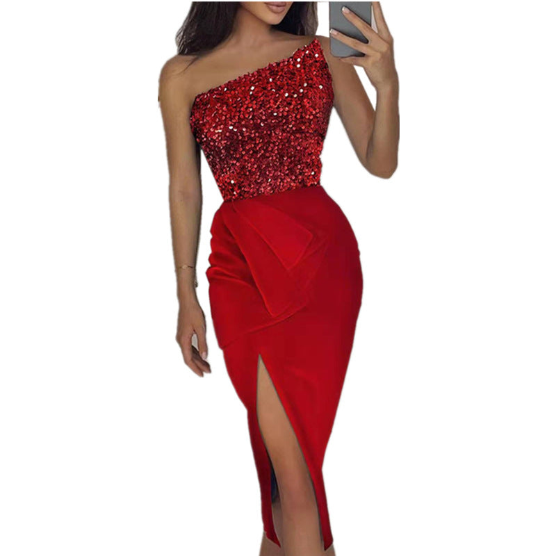 Women's Solid Color Sexy Sequin Long Temperament Shoulder Dresses