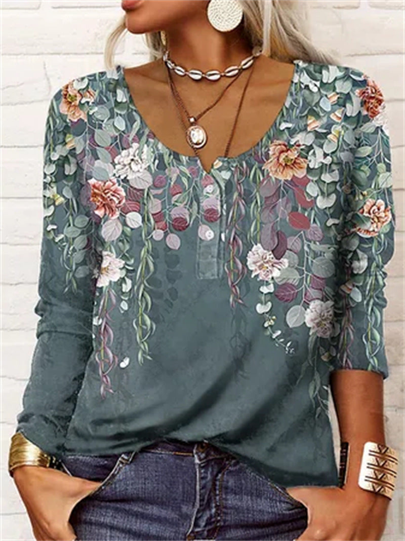 Women's Loose Long-sleeved Geometric Floral U-neck Button Blouses
