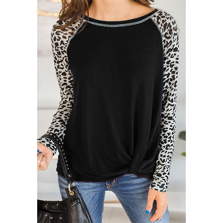 Women's Long Sleeve Leopard Print T-shirt Hem Blouses