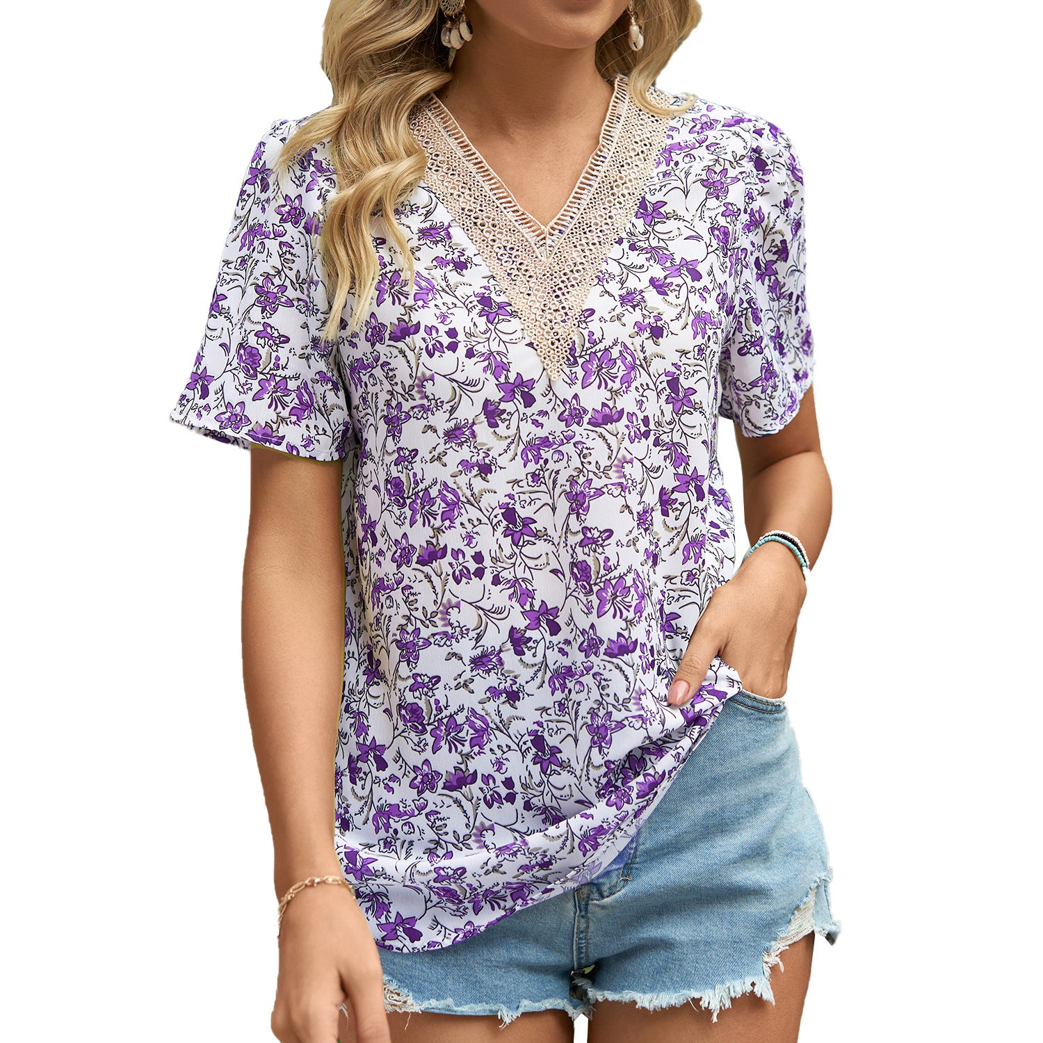 Women's Floral V-neck Patchwork Printed Loose Sleeve Blouses