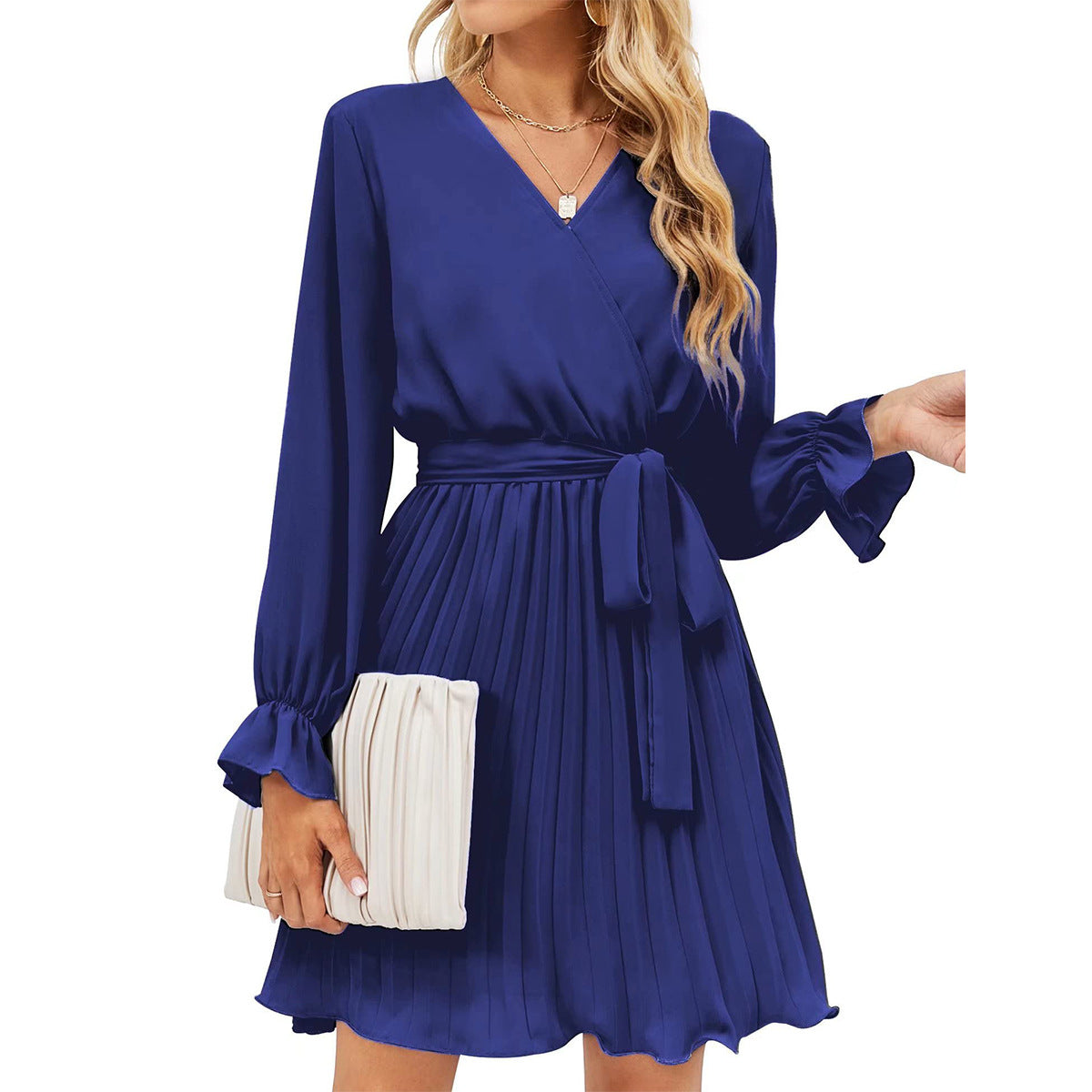 Women's Wrap V-neck Pleated Long Sleeve Mini Dresses