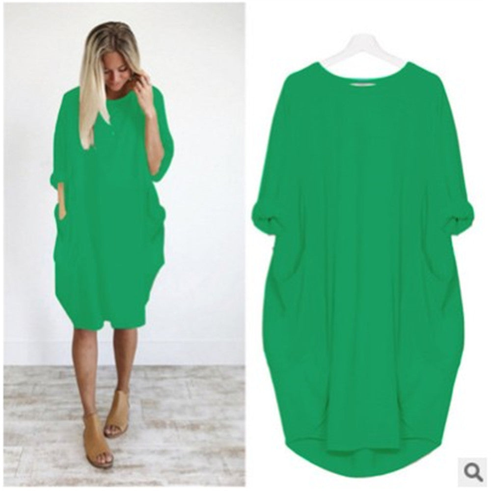 Women's Autumn Long Sleeve Round Neck Solid Color Loose Pockets Dresses