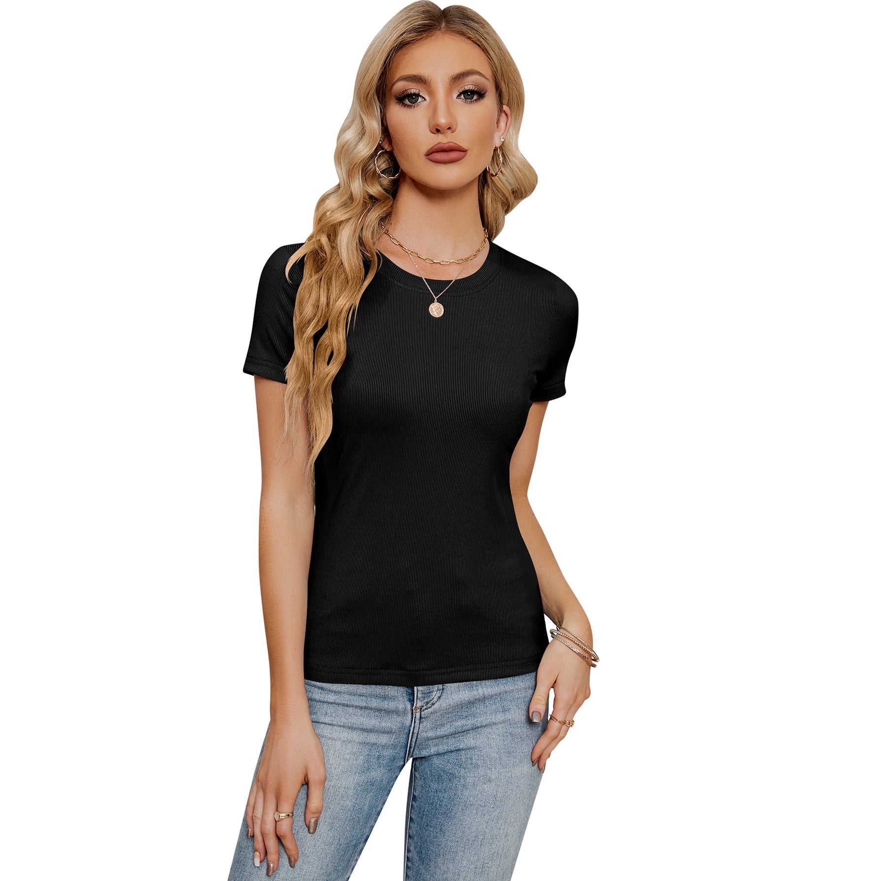 Women's Short-sleeved Round Neck Slim-fit Stretch Blouses