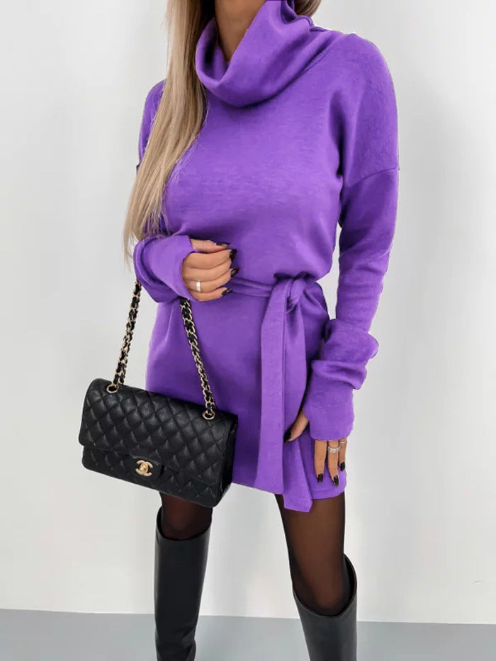 Women's Turtleneck Belt Fashion Long Sleeve Dress Dresses