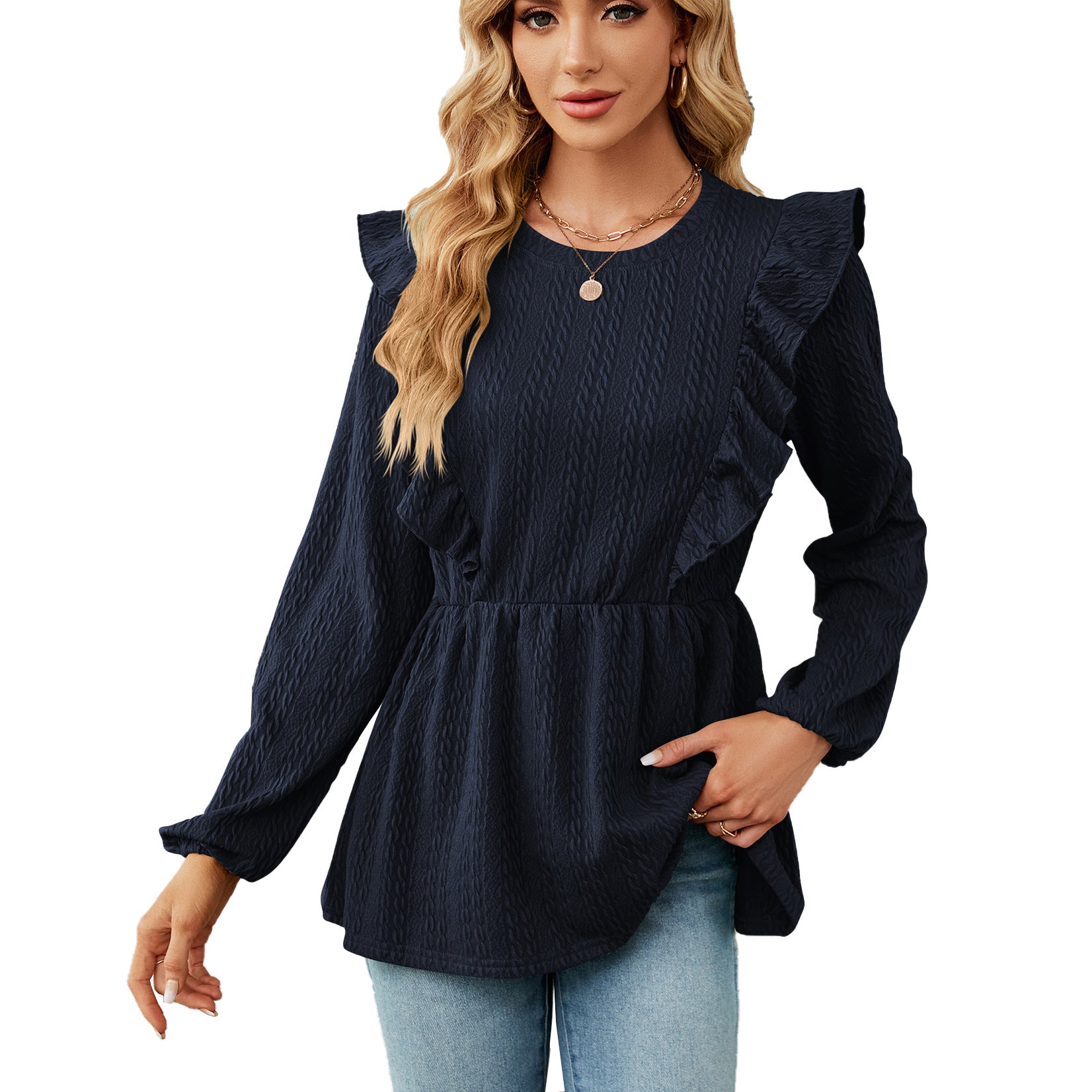 Women's Solid Color Pleated Patchwork Round Neck Blouses