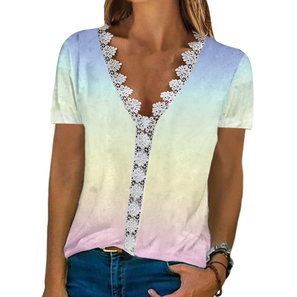 Women's Sleeve Comfort Casual Lace V-neck Printed Blouses