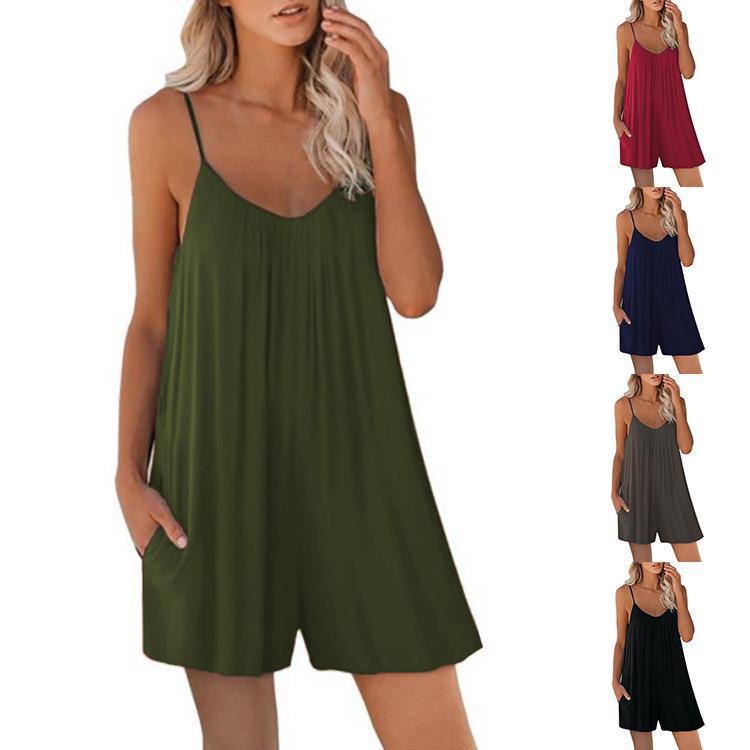 Versatile Summer Solid Color Loose Pocket Jumpsuits