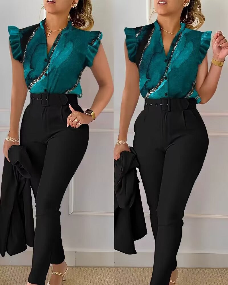 Women's Fashion Casual Ruffle Sleeve Two-piece Set Suits