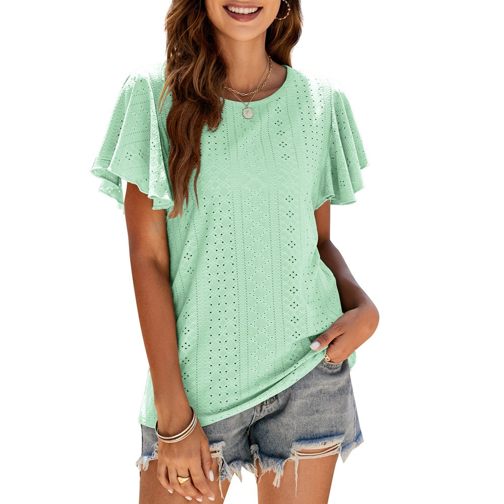 Women's Summer T-shirt Hollow-out Waist Ruffle Sleeve Blouses