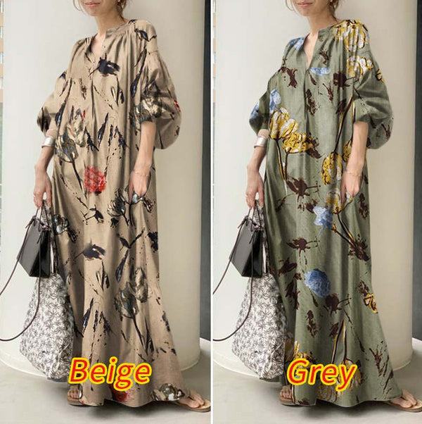 Women's Linen Printed V-neck Simple Loose Casual Long Dresses