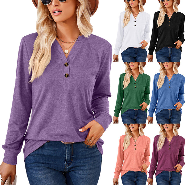 Women's Solid Color And Button Loose Long-sleeved Blouses