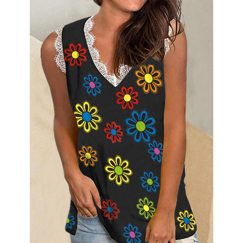 Damen-Oberteile mit Sommer-Pflanzenblumen-Print und V-Ausschnitt