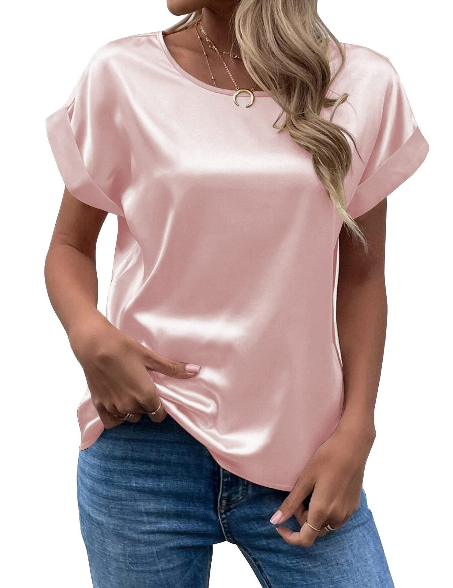 Women's Casual Short-sleeved Satin Loose-fitting Round-neck Blouses
