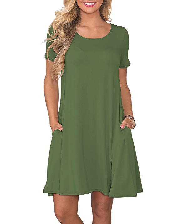 Women's Round Neck Solid Color Pocket Sleeve Dresses