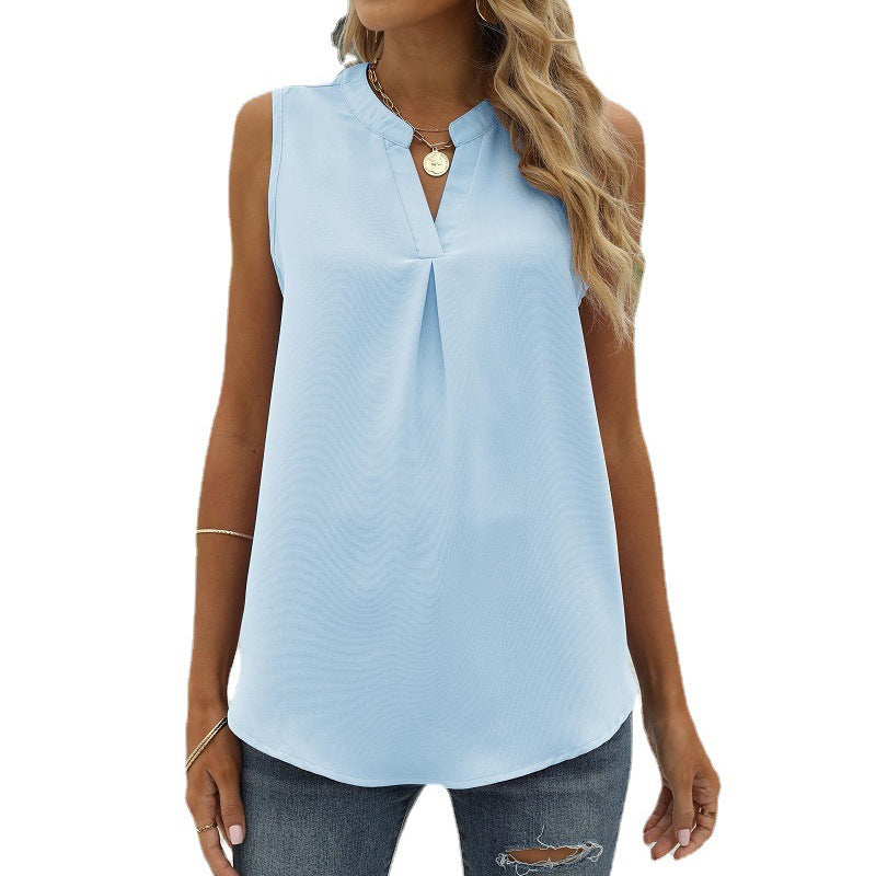 Women's Solid Color Chiffon Shirt Loose V-neck Vests