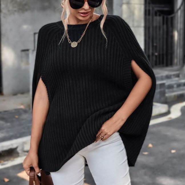 Women's Crew Neck Split Sleeves Irregular Cloak Sweaters