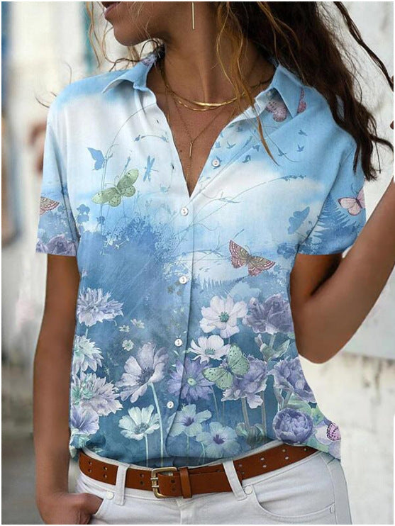 Women's Comfortable Printed Short-sleeved Lapel Shirt Blouses