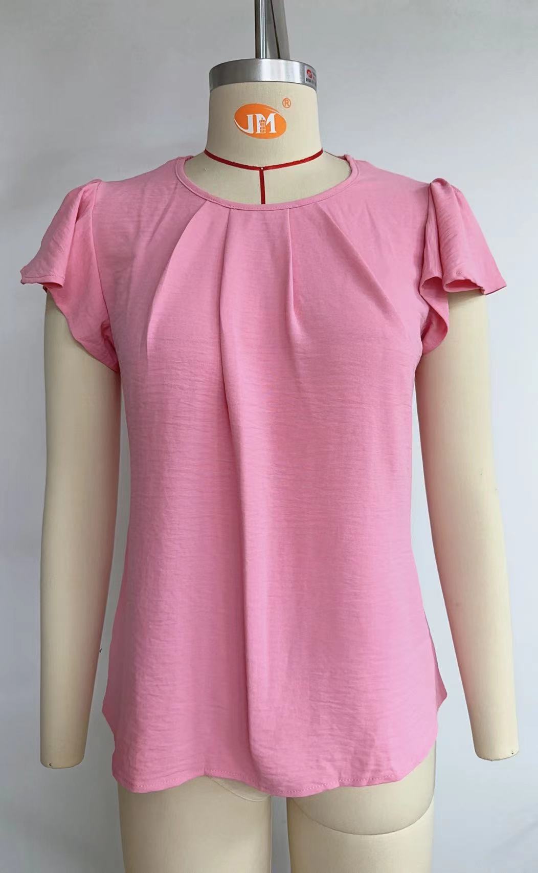 Women's Round Neck Pleated Chiffon Shirt Ruffle Blouses