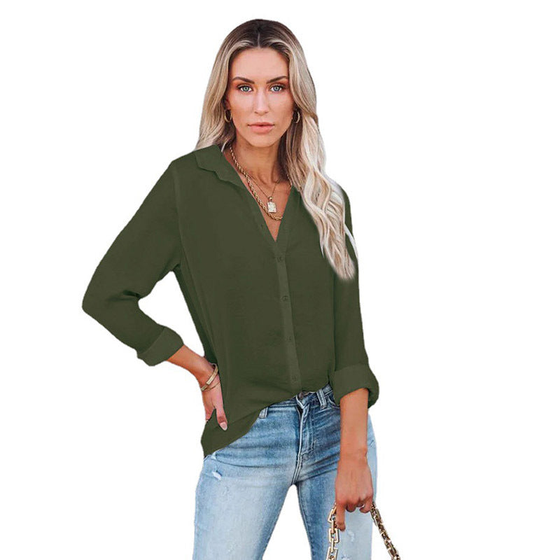 Women's Casual Loose Long Sleeve Button V-neck Blouses