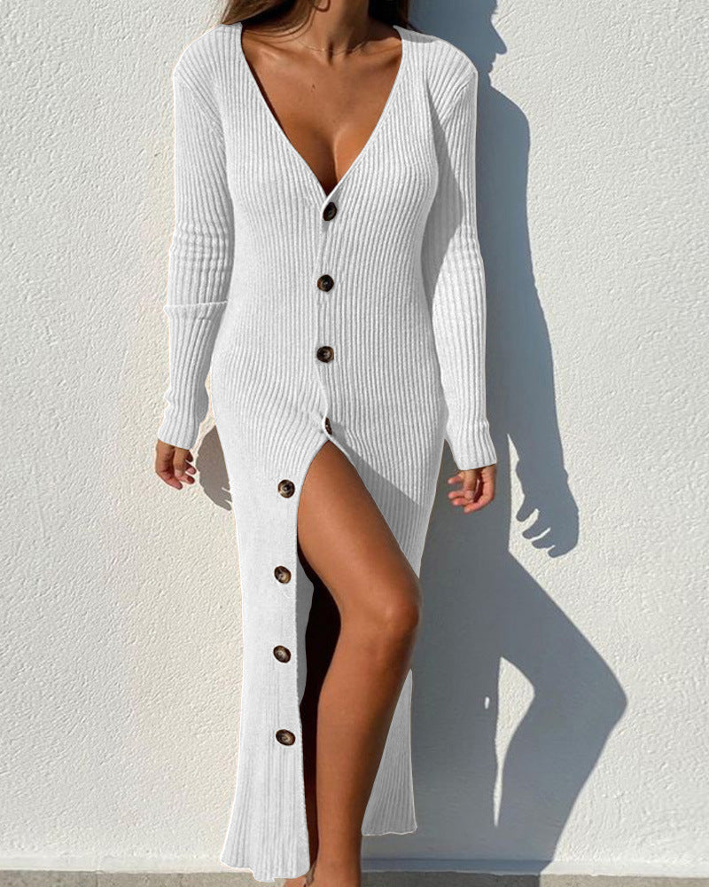 Unique Women's Knitted Button Long-sleeved Dress Dresses