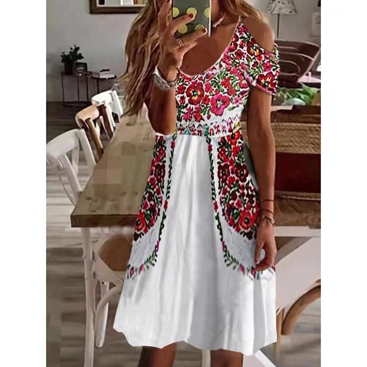 Women's Bohemian V-neck Stitching Pleating Off-the-shoulder Sleeve Dresses