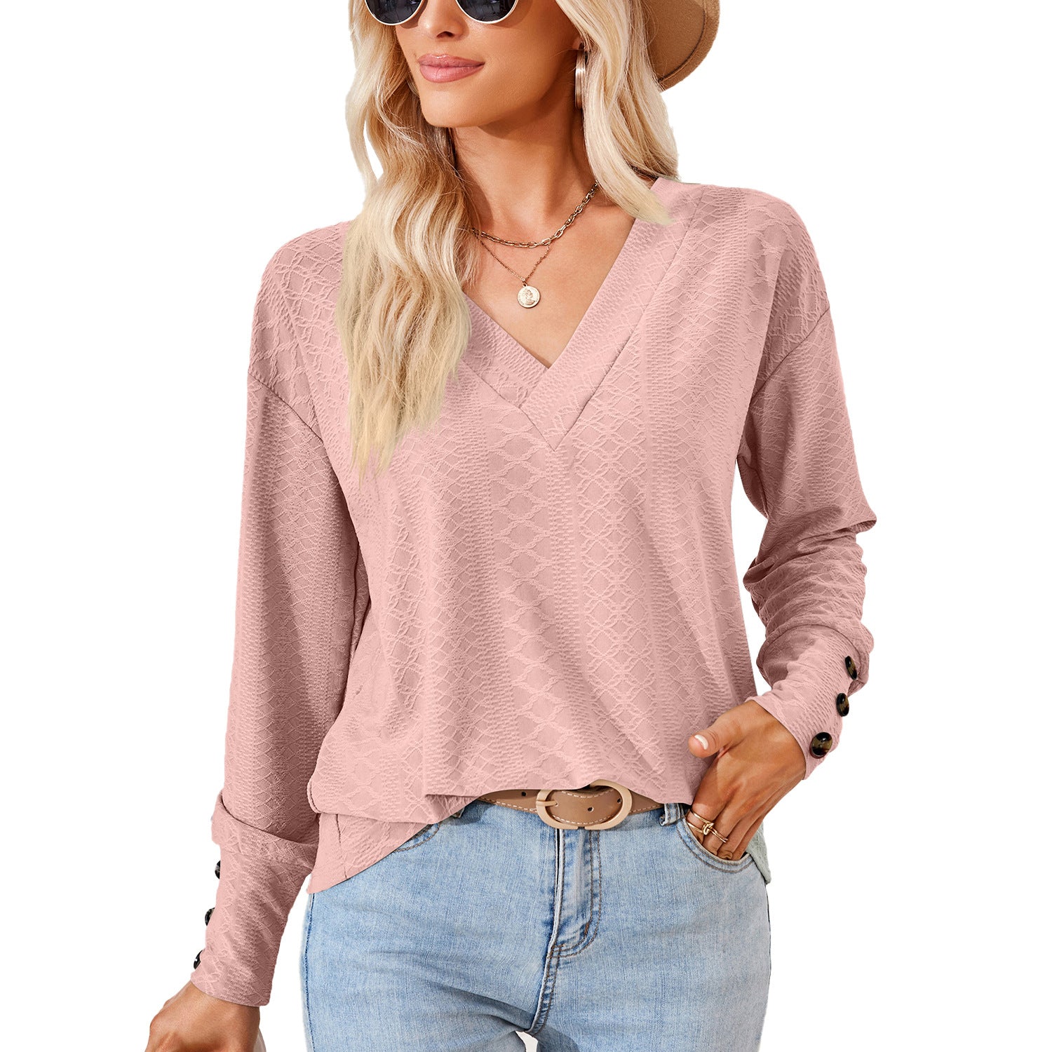 Women's Solid Color And Jacquard Button Loose-fitting Blouses