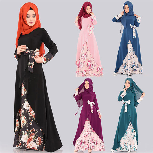 Muslim Long Sleeve Dress Multi-color Printed Loose Waist Dresses