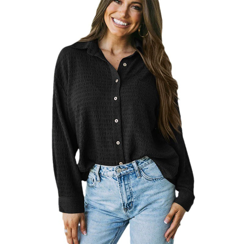 Women's Loose Pockets Lapel Button Texture Shirt Blouses