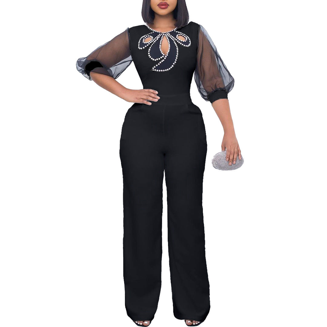 Women's Summer Sleeve Puff Beaded Sexy Wide Jumpsuits