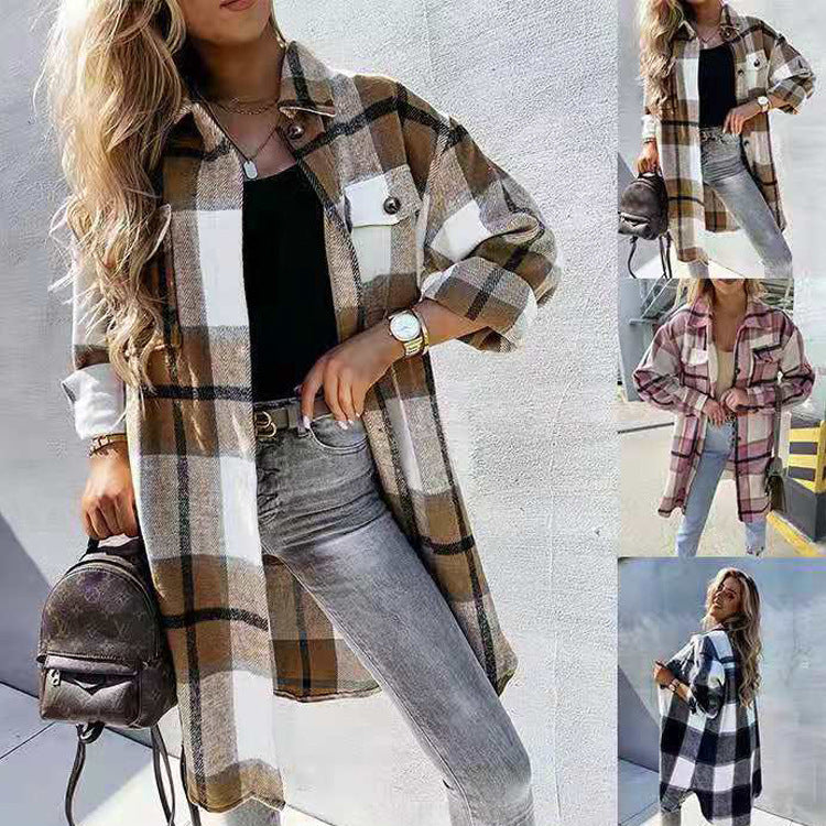 Women's Loose Leisure Mid-length Plaid Shirt Long-sleeved Sweaters