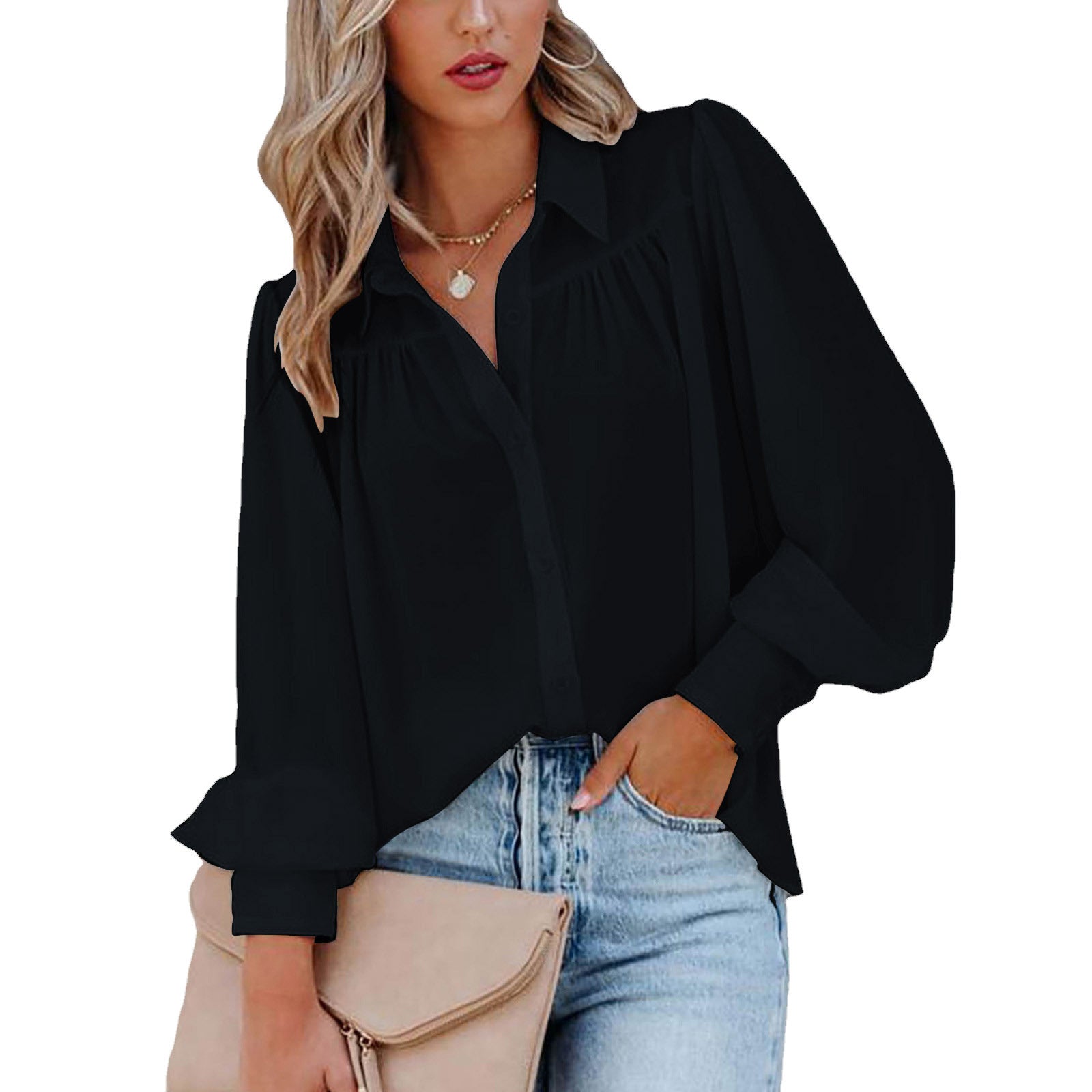 Women's Button Lantern Sleeve Pleated Solid Color Collar Loose Shirt Blouses