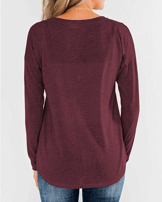 Women's Solid Color Long-sleeved Round Neck Pullover Blouses