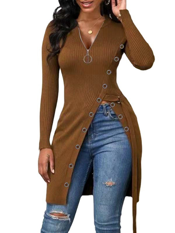 Women's V-neck Long Sleeve High Zipper T-shirt Blouses