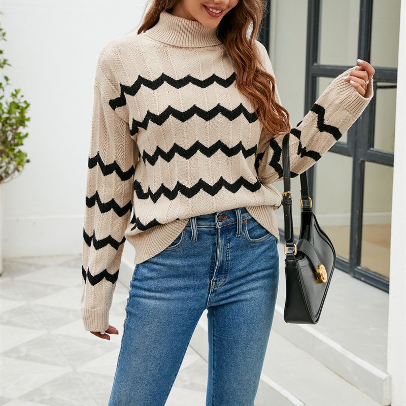 Women's Contrast Color Striped Turtleneck Simple Casual Sweaters