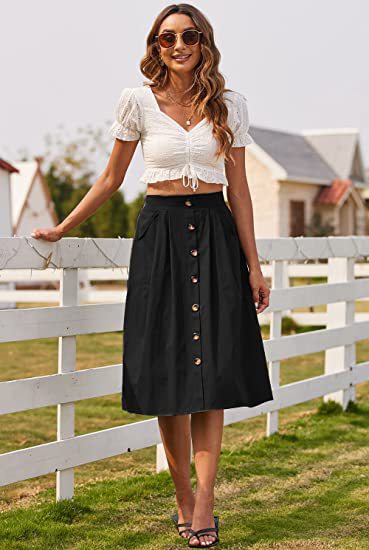 Women's Button A- Line High Waist Midi Skirts