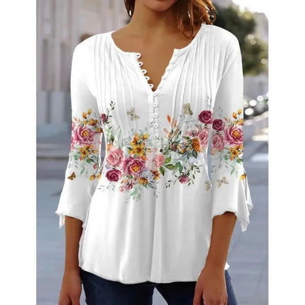 Women's Floral Printed Sleeve Pleated Button T-shirt Blouses