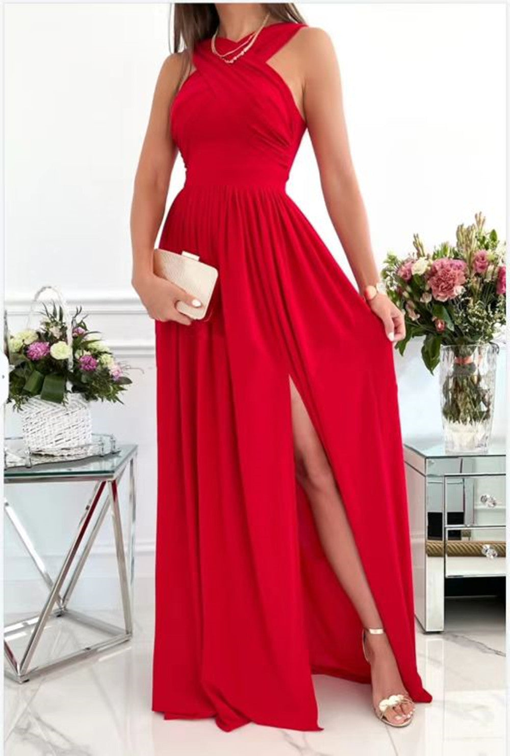 Women's Sleeveless Halter Backless Slit Hemline At Dresses